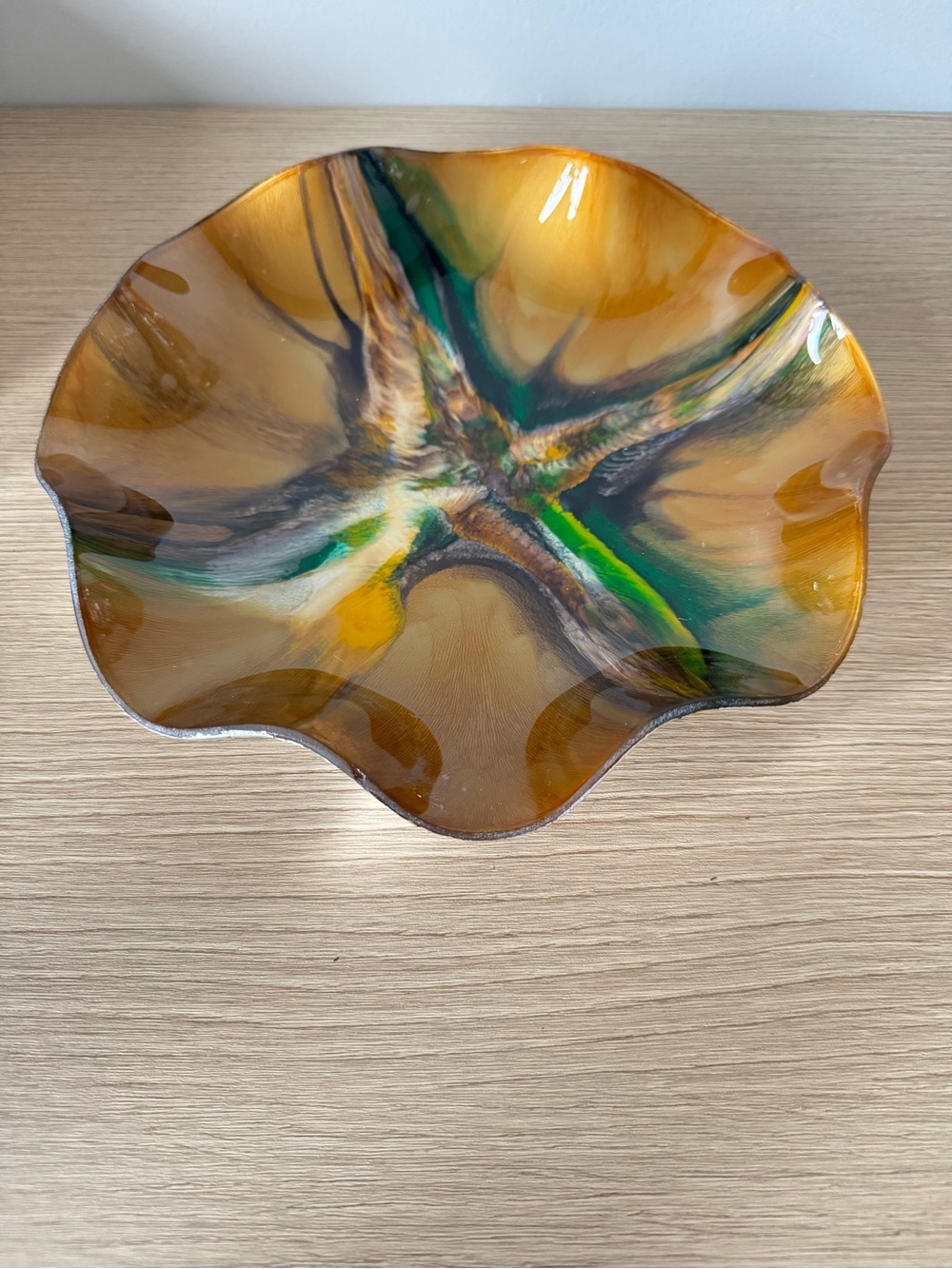 Artisan Reverse Painted Decorative Bowl in Amber and Green